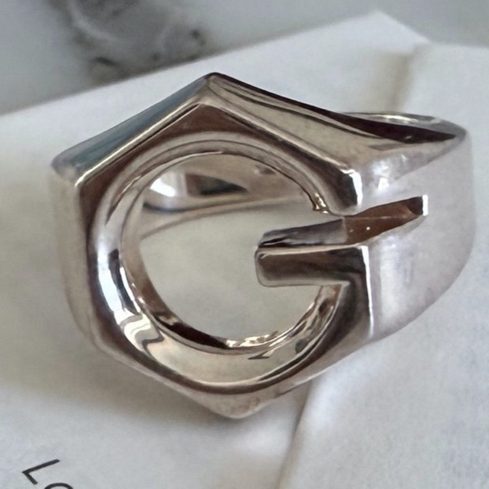 Gucci Sterling Silver Hexagon G Logo Ring Made in Italy Statement Band size 15